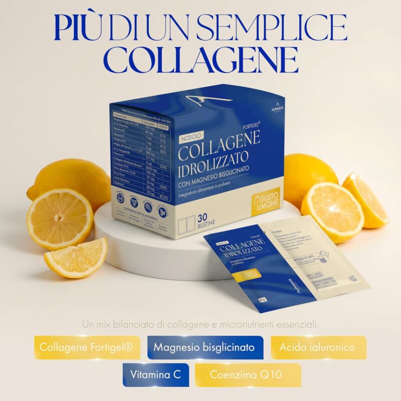 Collagene Idrolizzato Fortigel 30 Bustine Con Acido Ialuronico Coenzima Q10 e Magnesio Bisglicinato 1 Bustina al Giorno Per Pelle Elasticità e Movimento