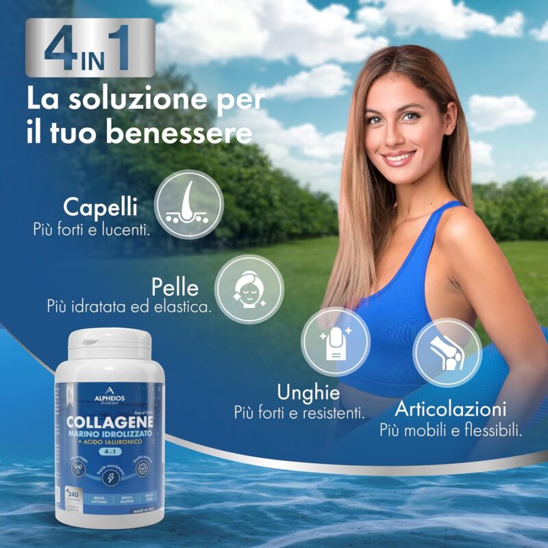 Collagene Marino con Acido Ialuronico 240 Compresse 2400mg di Collagene Idrolizzato Integratore con Biotina + Zinco + Selenio + Vitamina C + Coenzima Q10