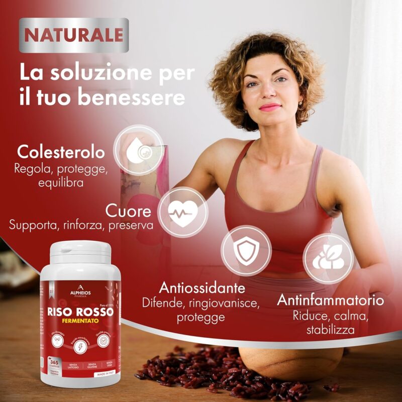 Riso Rosso Fermentato 365 Compresse 1 Anno Monacolina K 2,9mg + Coenzima Q10 e Cromo Integratore Vegano 1 Compressa al Giorno Supporto Equilibrio